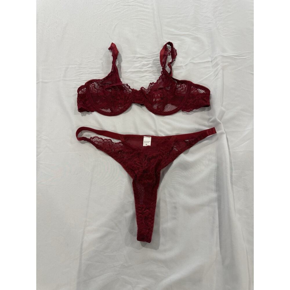 2 Piece Lace Lingerie Set In Burgundy Size Medium